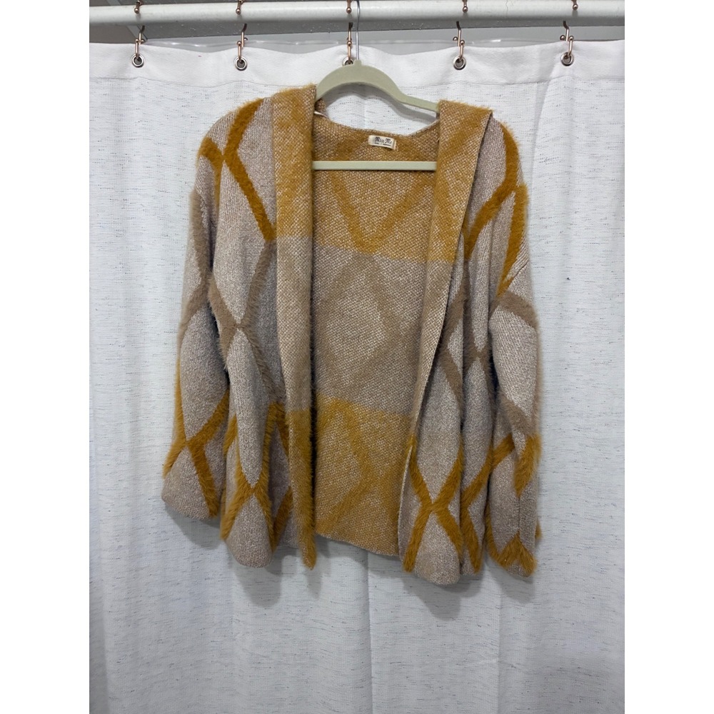 Miss Me Hooded Open Front Cardigan Mustard Tan Argyle Eyelash Knit S Cottagecore